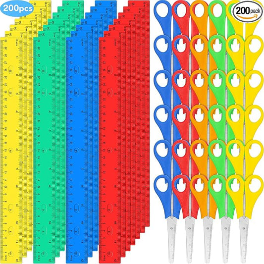 PerKoop 200 Pcs School Supplies with 100 Pcs Safety Blunt Tip Student Scissors 100 Pcs 12 Inch Plastic Rulers Back to School Supply Kit for Operation Christmas Charity Donation Supplies (Bright Color)