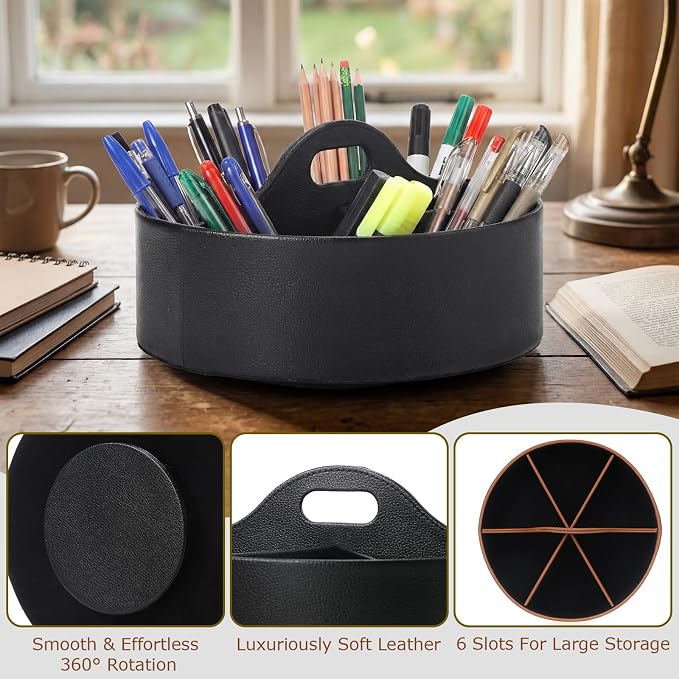 360° Rotating Leather Desk Storage Organizer with 6 Slots and Handle Extra-large Pen Holder Spinning Pencil Storage Lazy Susan Organizer Office Desk Supplies Marker, Art Supply(Black)