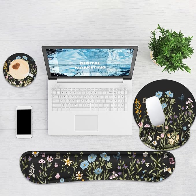 Ergonomic Mouse Pad with Wrist Rest and Keyboard Wrist Rest, Memory Foam Wrist Rest for Computer Keyboard, Easy Typing, Pain Relief, Black Mouse Pad Wrist Support for Gaming,Office, Laptop, Floral