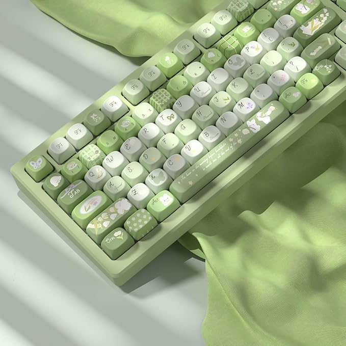 Womier Cute Bunny PBT Keycaps 132 Keys, MOA Profile Keycaps 60 65 75 98 100 Percent, Green Natural Custom Keycap Set for 61/64/68/84/87/100/104/108 Mechanical Keyboards (Green)