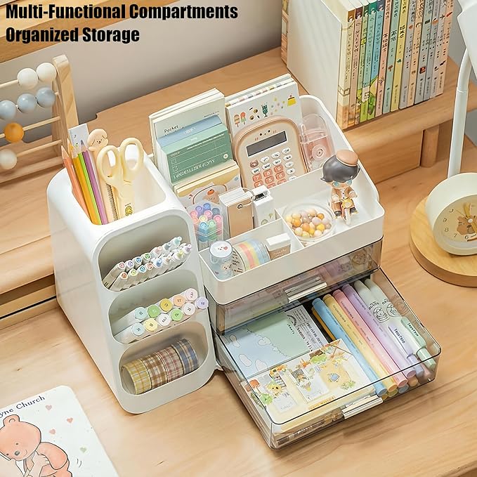 Desk Organizer with Pen Pencil Holder, Pen Organizer with 2 Drawers & 4 Compartments, Desktop Organizers and Storage for Office Home School Art Supplies (Green)