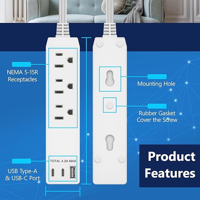 LIDER Outlet Extender with 3 Receptacles, USB-A & 2 USB-C Ports, Ultra-Thin Flat-Plug, 3-Outlet Power Strip, Slim Angled Design, 5ft Cord, 1250W, ETL Listed, Matte White, 2-Pack