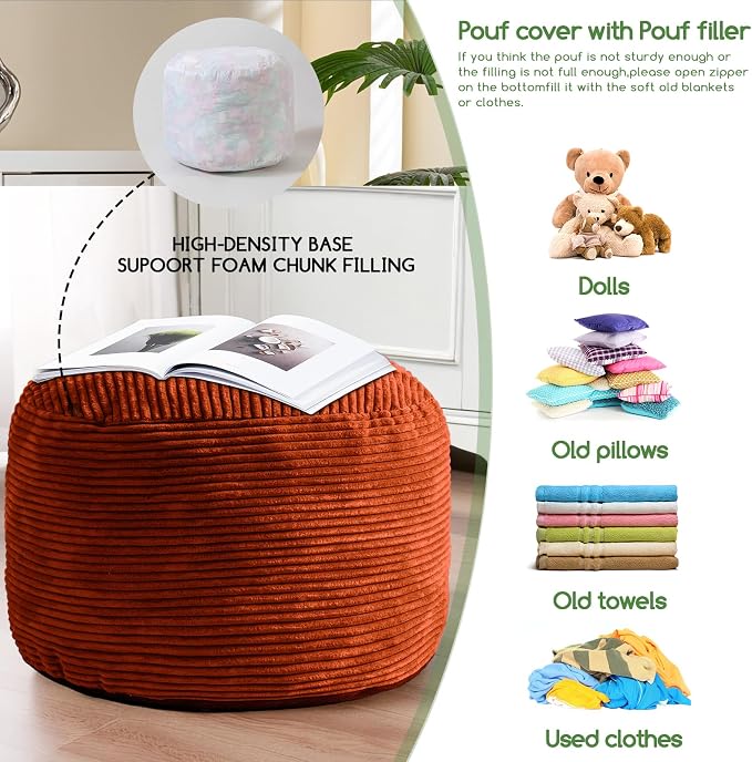 HIGOGOGO Round Stuffed Pouf Ottoman, Corduroy Poufs with Foam Chunk Filling, Furry and Fluffy Pouf Foot Stool Storage Ottoman, 20 X 15 Floor Poufs Foot Rest for Living Room, Terra Cotta