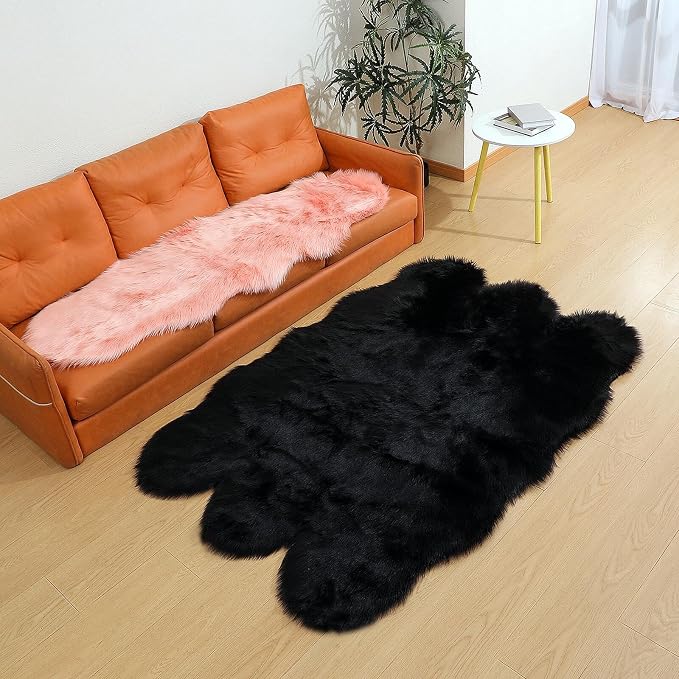 linmopm Faux Fur Sheepskin Rug, Black, 4x6 ft | Shag Fluffy Fuzzy, High-Density Cushion, For Bedroom Bedside Living Room, Plush Carpet, Sofa Cover