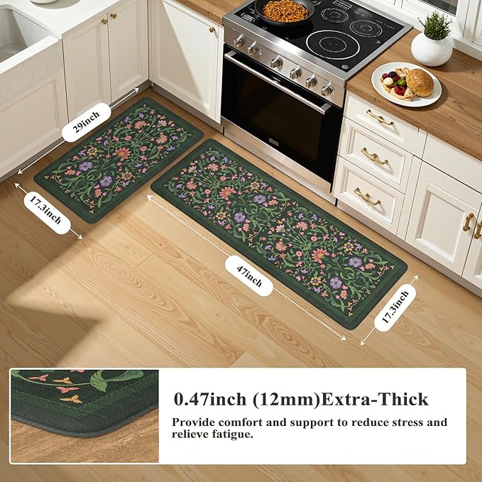 Collive Kitchen Mats for Floor, Cushioned Anti Fatigue Mat Green Floral Rugs 2 Piece Non Skid Waterproof Sink Rug, Memory Foam Comfort Standing Mat for Office, Laundry, Desk, 17.3"x29"+17.3"x47"