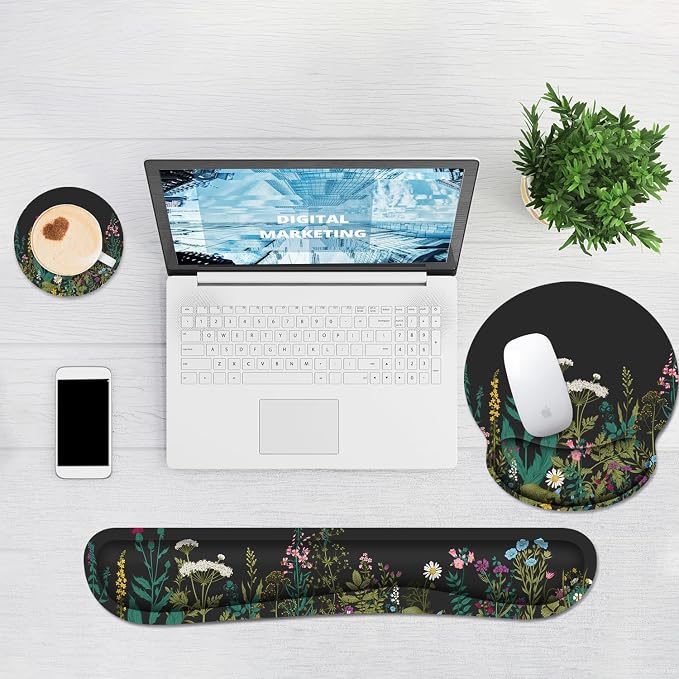 Ergonomic Mouse Pad with Wrist Rest and Keyboard Wrist Rest, Memory Foam Wrist Rest for Computer Keyboard, Easy Typing, Pain Relief, Mouse Pad Wrist Support for Gaming,Office, Laptop, Black Flower