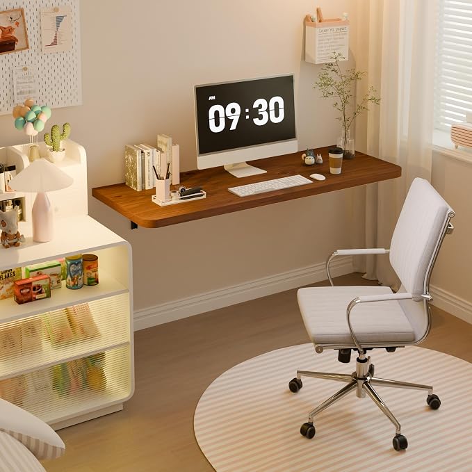 Dogsky Floating Wall Desk, 48" x 16" Wall Mounted Folding Table, Pine Wood Fold Down Wall Table, 300 lb Capacity Wall Mount Desk for Small Apartment, Laundry Room,Kitchen,Bar & Computer Use, Walnut