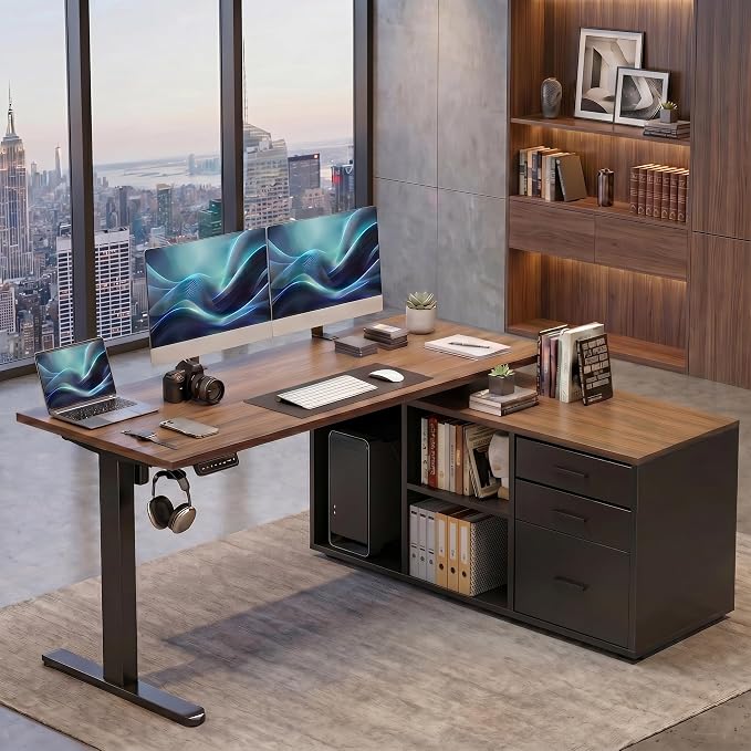 HUANUO 55 Inch L Shaped Standing Desk with Drawers, Electric Executive Desk with File Cabinet Sets, Adjustable Height Stand Up Desk, Home Office Computer Desk with 4 Memory Presets, Walnut