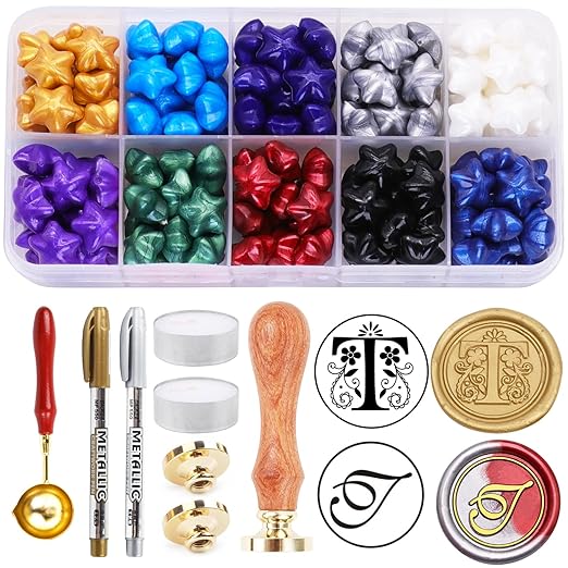Wax Seal Kits, 200pcs Assorted Beads and 2pcs Initial Alphabet T Wax Seal Stamp Kits for Wedding Invitations Gift Wraps Envelopes and Christmas Cards (Alphabet T Kit)