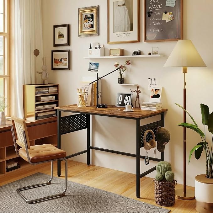 Hadulcet Folding Desk, Foldable Desk Table 40" for Space Saving, Foldable Computer Table for RV, Apartment, Office, Easy Assembly with Movable Pegboard Panels,Rustic Walnut