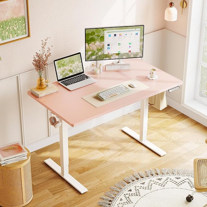 OffiGo 40" Pink Electric Standing Desk Height Adjustable for Home Office | 3 Memory Presets, Rear Cable Notch, Dual Side Hooks, Stand Up Desk for Bedroom, Study room, Home Office and Vanity Space