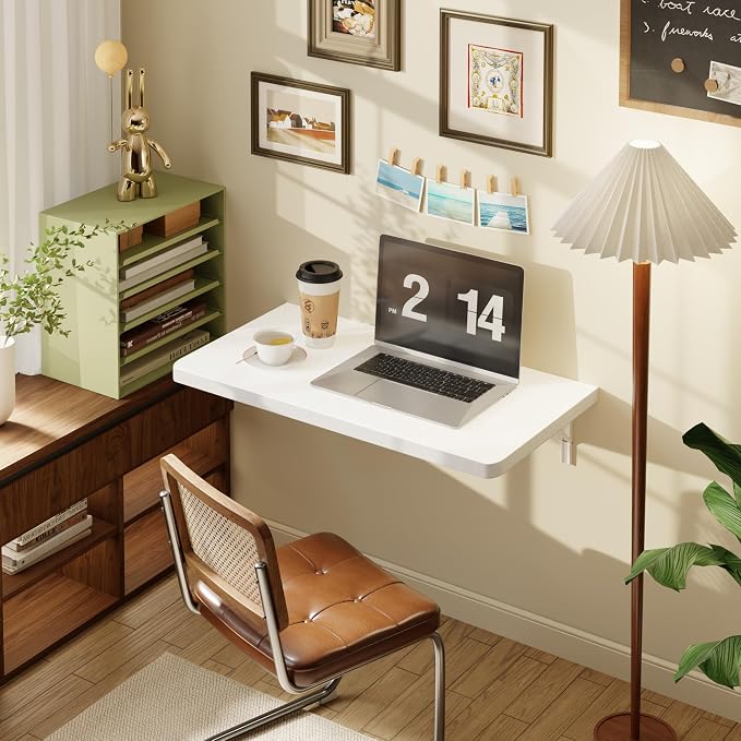 Dogsky Floating Wall Desk, 24" x 14" Wall Mounted Folding Table, Pine Wood Fold Down Wall Table, 100 lb Capacity Wall Mount Desk for Small Apartment, Laundry Room,Kitchen,Bar & Computer Use, White