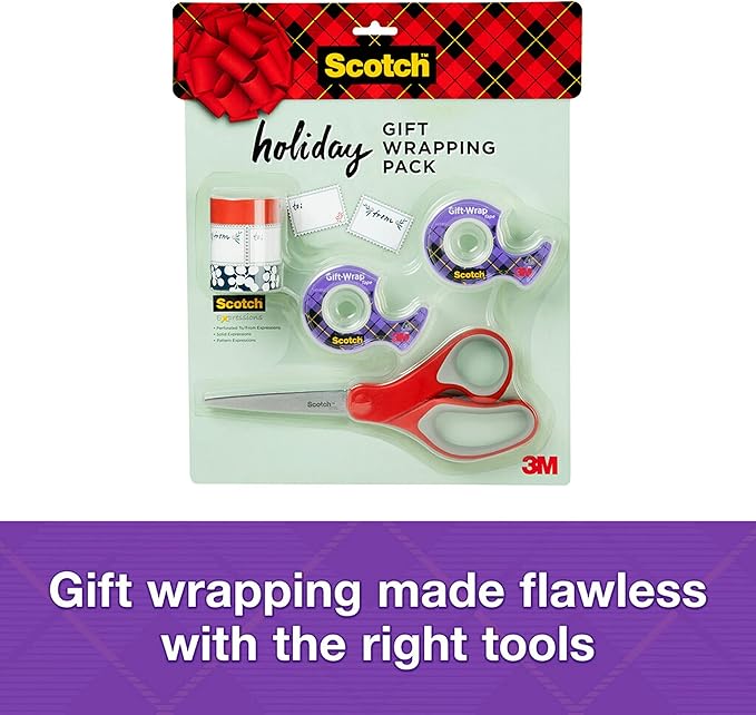 Scotch Gift Wrap Tape Kit, Wrapping/Art Supplies Set with Gift-Wrap and Cute Washi Tape, to/from Labels, and Sharp Scissors for Gift Wrapping, Scrapbooking, and Journaling