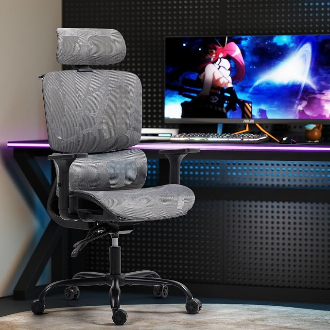 Ergonomic Office Chair with Adjustable Lumbar Support, 3D Armrests & Headrest, 135° Reclining Chair with Large Steel Base, Swivel Desk Mesh Chair, High Back Office Chair, Grey