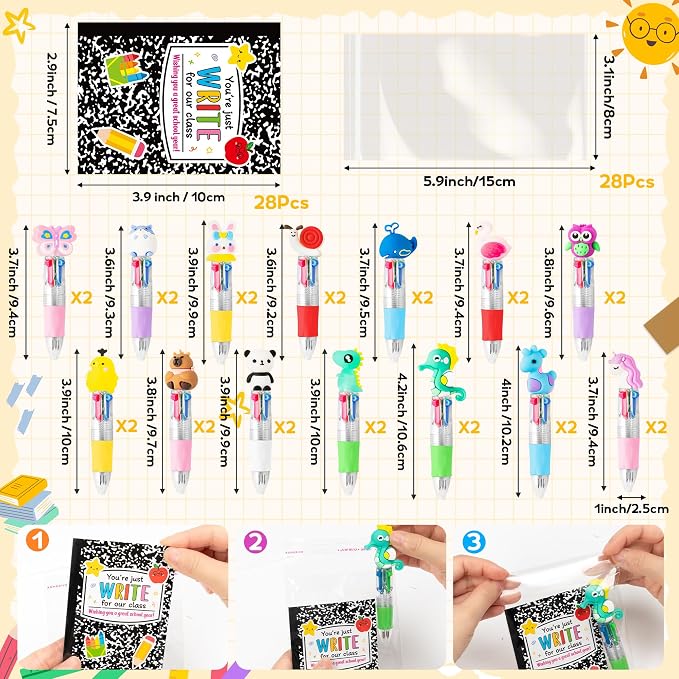 ANGOLIO Back to School Gifts for Students - 28 Sets First Day of School Gifts Include Animal 4 in 1 Multicolor Ballpoint Pens with Greeting Cards for Classmate Teacher Classroom Reward Party Supplies