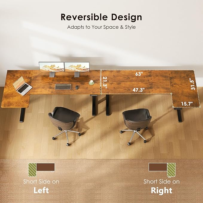 OffiGo Electric L Shaped Standing Desk, 63 Inches Height Adjustable Table, Reversible Corner Stand Up Desk, Lifting Computer Table for Home Office, Computer Workstation, Rustic Brown