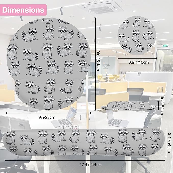 Cute Raccoon Ergonomic Wrist Support Keyboard Mouse Wrist Rest Set, Computer Office Comfortable Wrist Rest for Mouse Easy Typing