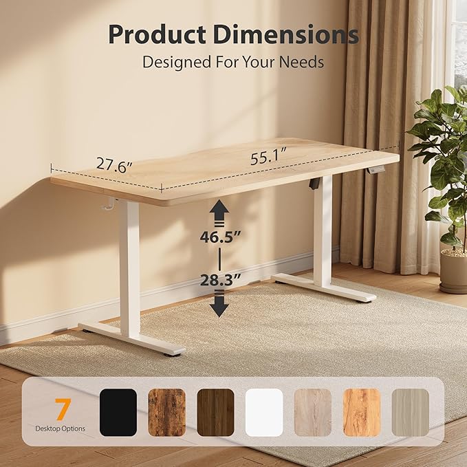 Cubiker Standing Desk, 55x28 Inches Sit Stand Home Office Desk, Electric Stand up Desk, Adjustable Desk with Splice Board, White Frame/Maple Top