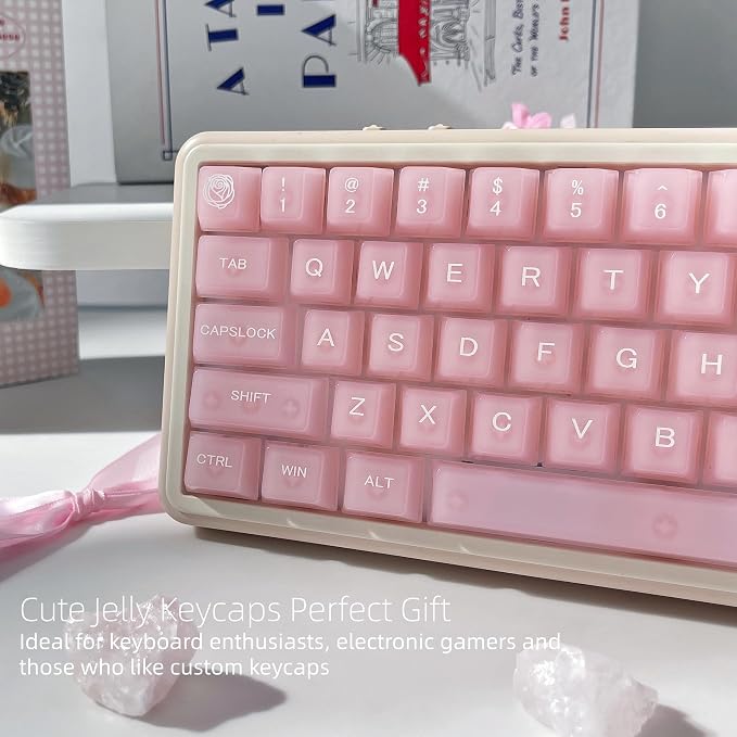 Womier Jelly Keycaps Pink, Clear Shine Through Keycaps, Transparent Custom Cherry Profile Keyboard Key Cap 115 Keys 60 65 75 100 Percent for Gateron Mechanical Keyboards(Pink)