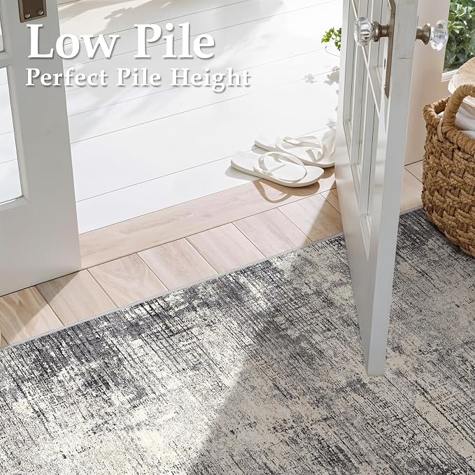3x6 Kitchen Washable Runner Rug - Non-Slip Hallway Rugs with Rubber Backing Abstract Neutral Low-Pile Carpet Runners for Laundry Room Home Decor Bedroom Bathroom Entryway (Gray Beige,3x6)