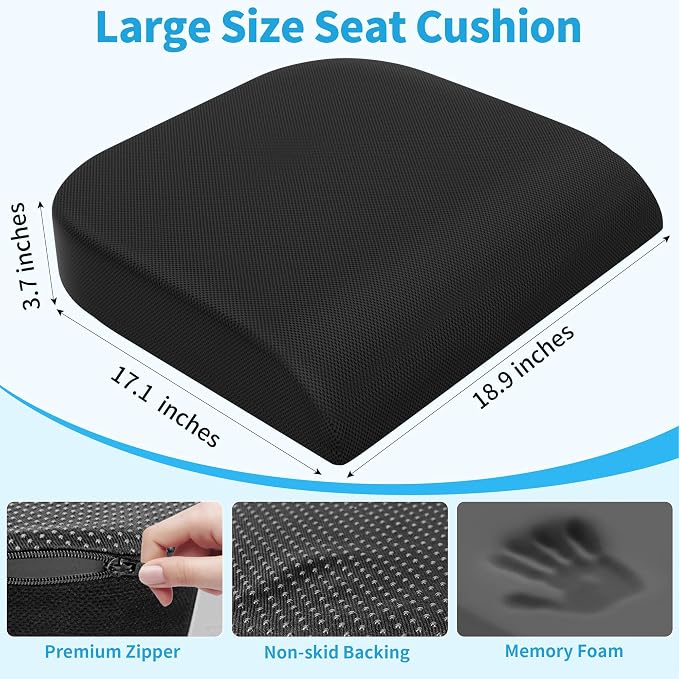 TranquilRelax 2XL Seat Cushion, Memory Foam Cushion for Long Sitting Hours on Office Chair, Car Seat, Non-Slip Chair Pad for Sciatica, Coccyx, Tailbone Pain Relief & Post-Surgery Recovery (Black)