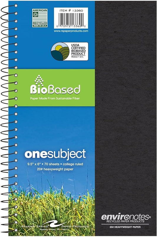 Roaring Spring Environotes Recycled Notebook, 70 Sheets, 9.5" x 6", College Ruled, 1 Subject Notebook, Assorted Earthtone Cover Colors