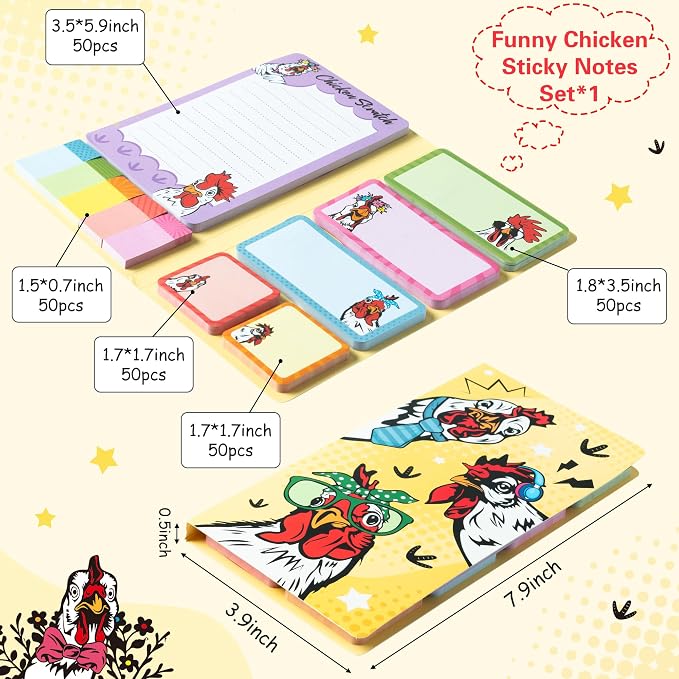 B1ykin Cute Sticky Notes Set - Chicken Scratch Self-Stick Notes Pad, 550 Sheets Writing Memo Pages Sticky Notepad for Teacher Appreciation Gifts, School Office Party Favors Supplies (Funny Chicken)