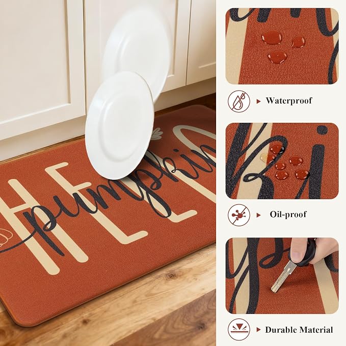 Ileading Fall Kitchen Mats Anti Fatigue, Pumpkin Kitchen Rugs Sets of 2 | Cushioned Non Slip Autumn Kitchen Mats for Floor, Waterproof Padded Floor Carpet for Harvest Thanksgiving