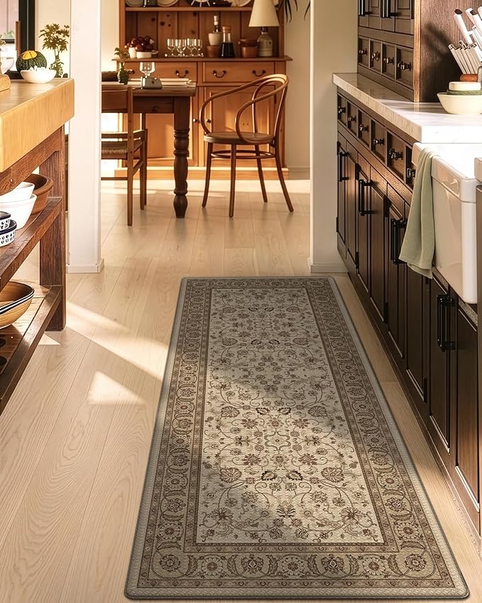 DEXI Kitchen Mats for Floor Cushioned Anti Fatigue, 23x86 Extra Large Wide Runner Rug Non Slip, Waterproof Soft Comfort Standing Rubber Padded, Brown Floral