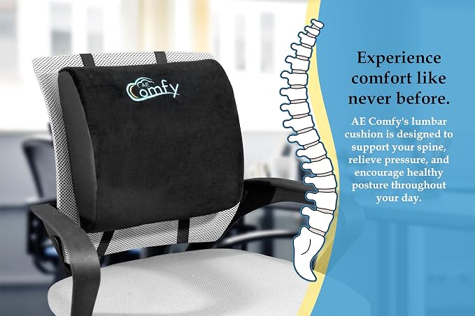 Premium AE Comfy Lumbar Support Pillow – Memory Foam Back Cushion for Office Chair, Car, or Gaming Chair – Ergonomic Lower Back Support for Pain Relief with Adjustable Removable Straps
