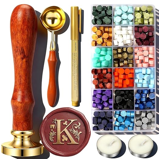 K Wax Seal Stamp Kit, TEKGERLU 360 PCS 18 Colors Wax Beads, Copper K Letter Stamp with Solid Wood Handle, Full Tools for Birthday Presents, Custom DIY, Friend Gifts