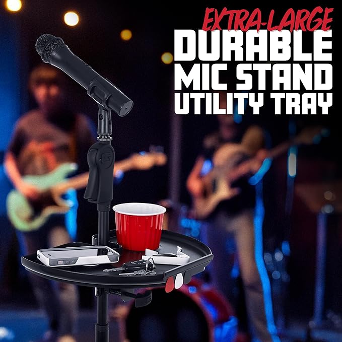 Gator Frameworks Clamp-On Microphone Stand Accessory Drink Holder with Guitar Pick Tab, Extra Large Tray, 14" x 9" (GFW-MICACCTRAYXL)