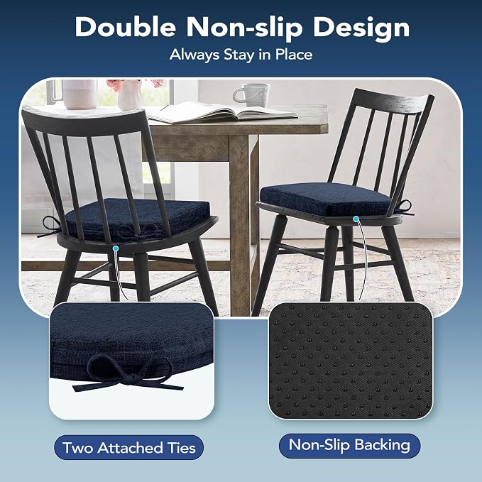 Chair Cushions for Dining Chairs, Non Slip Chair Pads with Ties and Washable Covers, Memory Foam Kitchen Chair Cushions Set of 6, 16"X16"X2.5", Navy