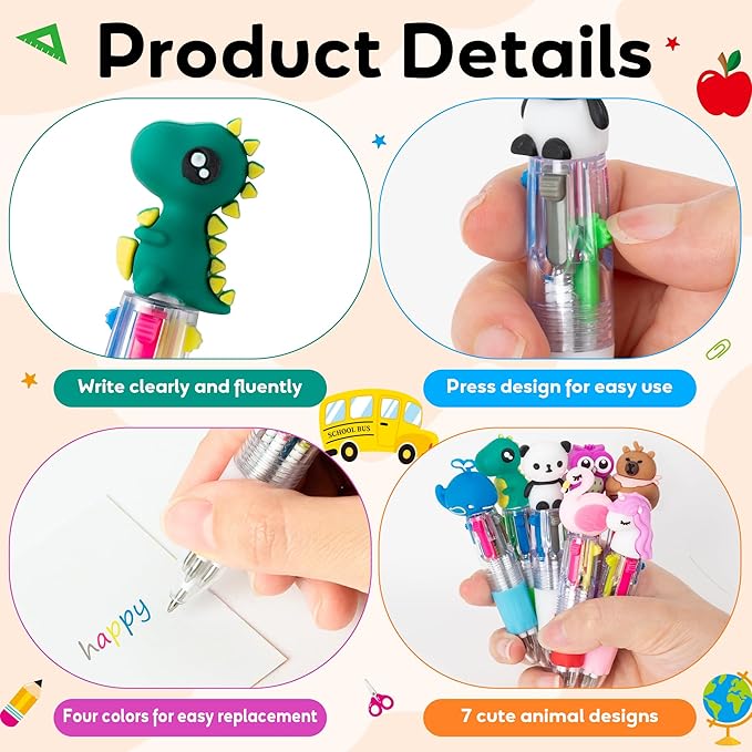 ANGOLIO Back to School Gifts 28 Sets Cute Animals 4 in 1 Multicolor Retractable Ballpoint Pens with Greeting Cards for Students Kids Classroom Office Home Rewards First Day of School Party Supplies