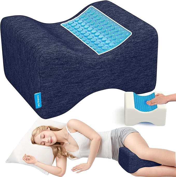 Knee Pillow for Side Sleepers with Cooling Gel, Memory Foam Elevation Pillow for Spine Aligning, Sciatica, Back, Hip, Knee, Ankle Pain, Blue/Large