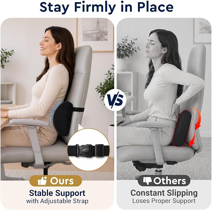 Lumbar Support Pillow for Office Chair - Ergonomic Lower Back Support Pillow with Adjustable Strap, C-Curve Back Cushion with T-Support Core for Car Seat, Gaming Chair, Desk Chair, Black
