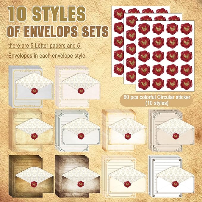 TaoBary 160 Pcs Stationery Paper Set 50 Double Sided Stationery Papers with 50 Matching Envelopes and 60 Round Dot Sticker, 10 Design(Retro,8.5 x 11 Inch)