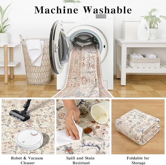 6x9 Pink Washable Area Rugs for Living Room Non Slip Low Pile Vintage Boho Throw Rug Soft Retro Distressed Floral Large Carpet Indoor Farmhouse Decor for Bedroom Dining Room Office Kitchen Playroom