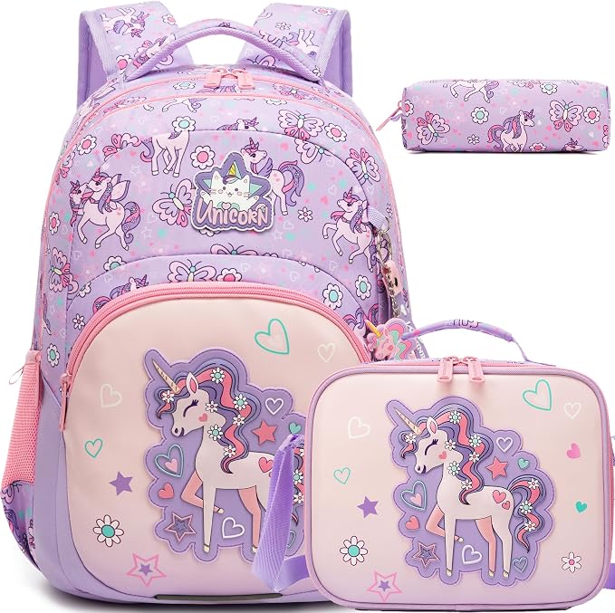 Kids Backpacks for Girls,School Backpack for Girls with Lunch Box Set Cute Unicorn Kids Bookbag for Girl Lightweight Travel Daypack Birthday Christmas for Girl