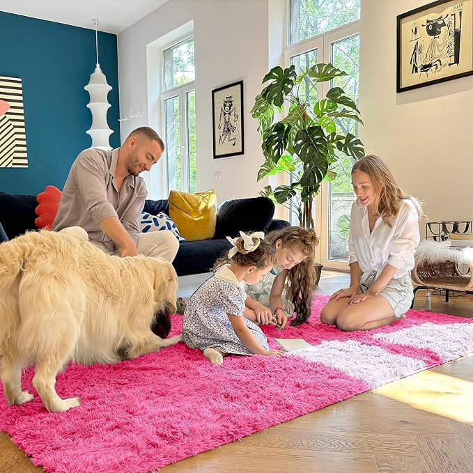 OLANLY Area Rugs for Living Room Bedroom, Machine Washable 4x5.9 ft Soft Fluffy Shaggy Bedside Rug, Indoor Floor Carpet for Kids Girls and Boys, Dorms, Nursery Rooms, Home Decor Aesthetic, Hot Pink