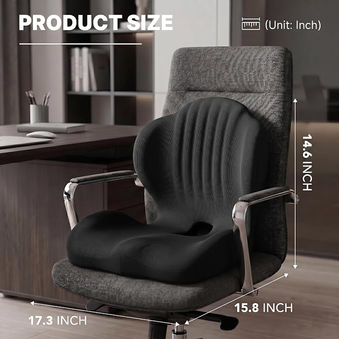 Ergonomic Memory Foam Seat Cushion with Back Support, Contoured for Office Chair, Car, Gaming, and Wheelchair, Breathable & Washable Cover, Black