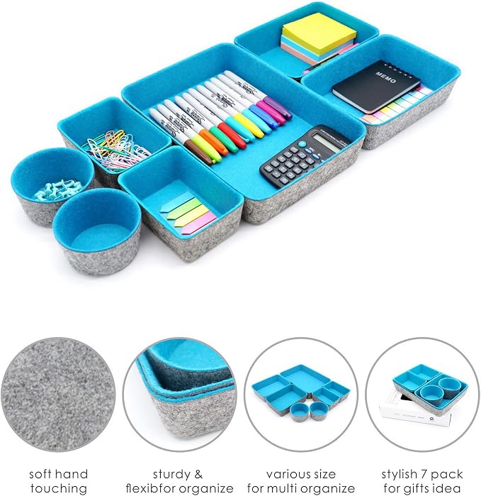 Drawer organizers bins felt tray desk storage bins dividers small organizing box for office supplies closet cabinet makeup holder Fall room decor 7-piece (Turquoise)