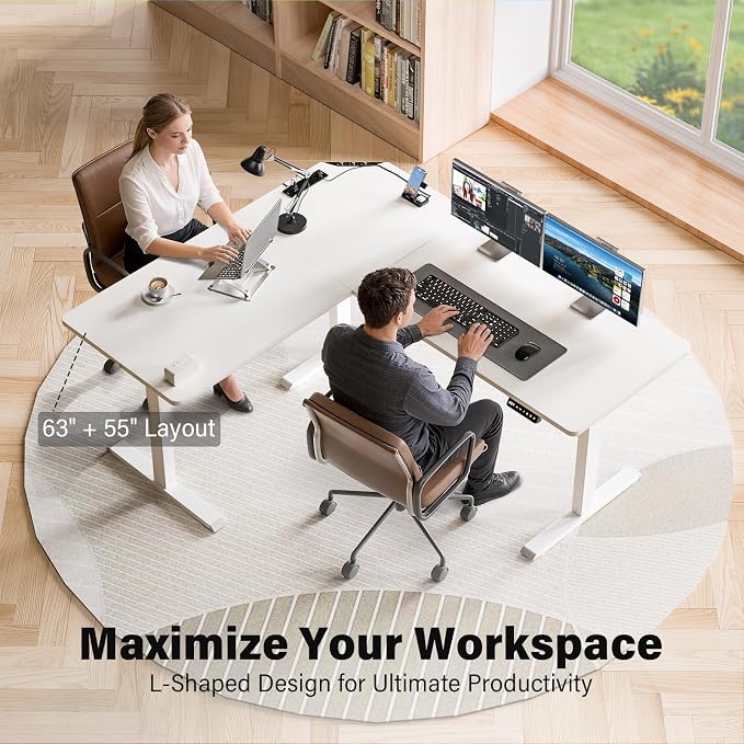63 x 55 inch L-Shaped Standing Desk, Corner Computer Desk, Electric Standing Desk Adjustable Height, Sit to Stand Ergonomic Workstation for Home Office, White