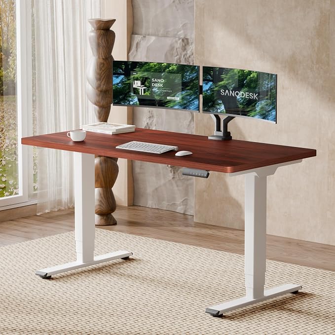 SANODESK Dual Motor Standing Desk 220lbs Height Adjustable Desk | 55"x28" Spacious One-Piece Mahogany Desktop & White Frame, 4 Memory Presets, 3-Stage Legs, 220lbs, 2-Box for Home & Office