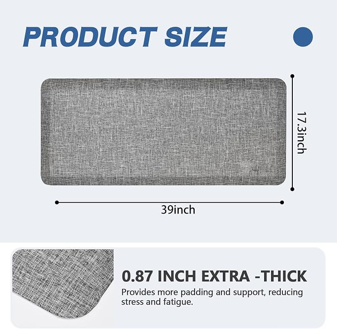 Anti Slip 7/8 inchs Anti Fatigue Kitchen Floor Mat, Ergonomic Comfort Standing Mat, Waterproof Kitchen Runner for Home, Kitchen, Office, Laundry, Garage (Light Gray, 17.3" x 39" -0.87")