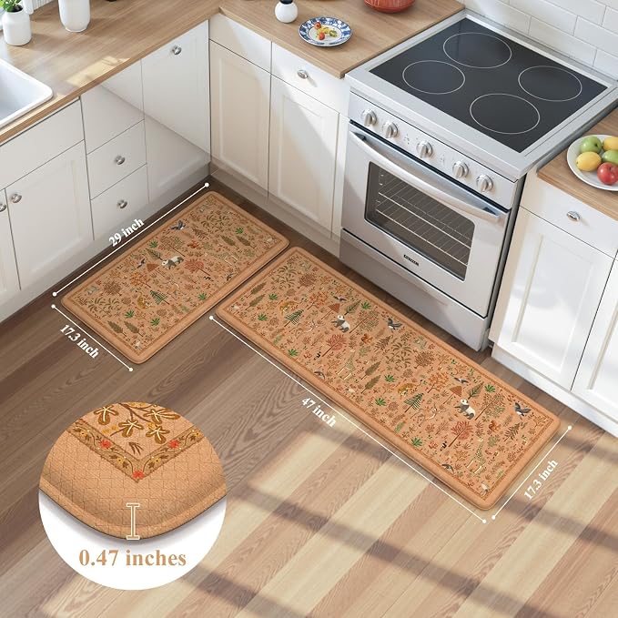 KIMODE Kitchen Floor Mats for Floor Cushioned Anti Fatigue,Rugs Sets of 2 | 17.3"x47"+ 17.3"x29",Orange Light Brown,Animal Forest Kitchen Rug,Padded Memory Foam Under Kitchen Sink Mat for Laundry Decor
