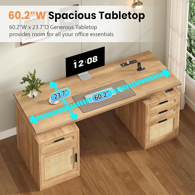 60" Rattan Electric Standing Desk with Drawers for Home Office, Oak | Height Adjustable Computer Desk with 4 Drawers & Storage Shelves, Wood Sit Stand Desk with Power Outlets for Work, Study