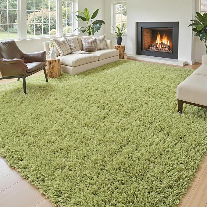 Area Rugs 9x12 Living Room,Large Area Rug Shaggy Carpet Soft Plush Furry Bedside Rug, Machine Washable Area Rugs for Bedroom Home Decor Non-Slip(9 x 12, Grass Green)