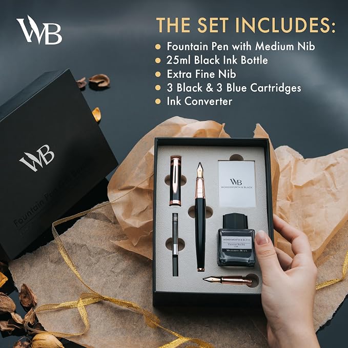 Wordsworth & Black Fountain Pen Set, 18K Gilded Medium and Extra Fine Nib, 25ML Black Bottle, 6 Ink Cartridges, Refill Converter, Smooth Writing Pens [Black Rose Gold], Gift Set for Men and Women
