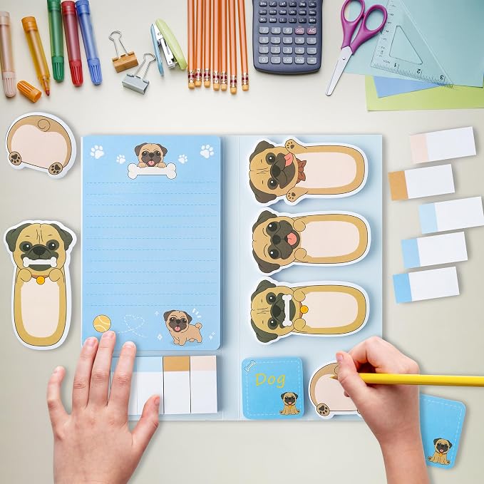 Xqumoi I Just Really Like Pug Sticky Notes Set, 550 Sheets, Cute Cartoon Pug Self-Stick Notes Pads Animal Divider Tabs Bundle Writing Memo Pads Back to School Office Supplies Small Gift